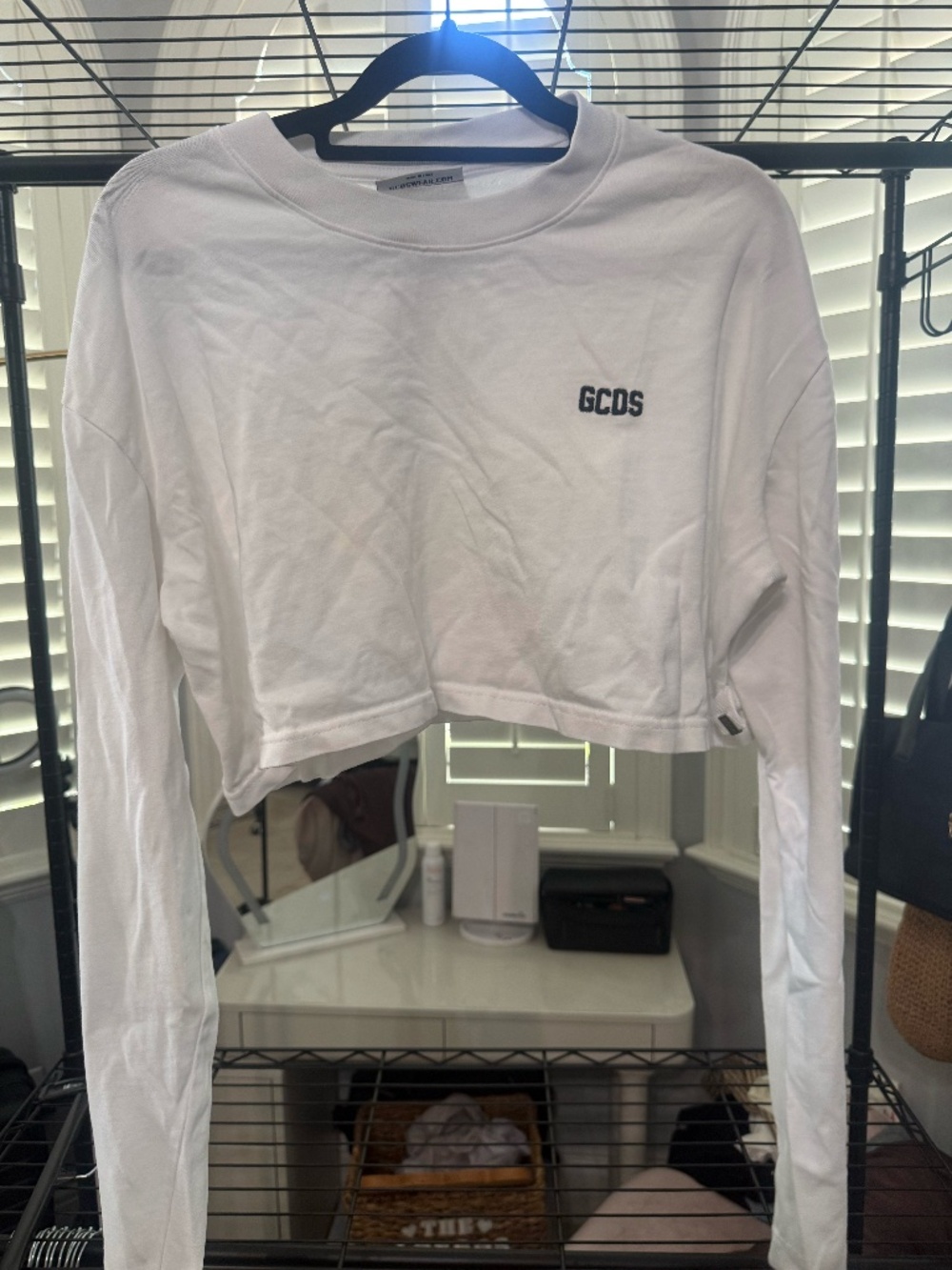 GCDS White Cropped Long Sleeve Logo Tee "God Can't Destroy Streetwear" Size M
